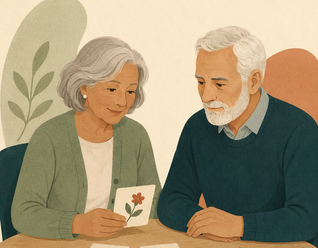 Une femme et un homme seniors réalisant des activités mémoire autour d’une table